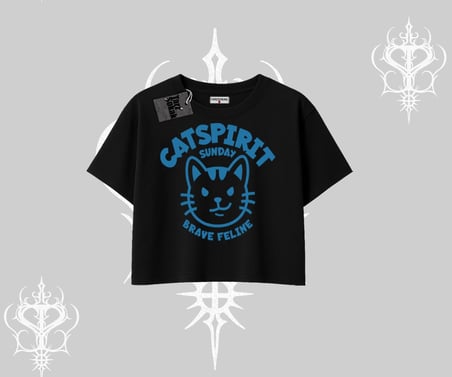 Catspirit Sunday Brave Feline Yazılı Kedi Baskılı Oversize Crop Tshirt