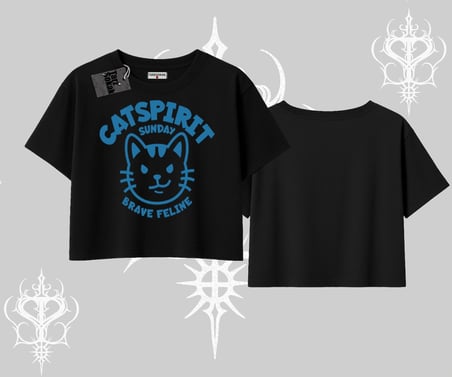 Catspirit Sunday Brave Feline Yazılı Kedi Baskılı Oversize Crop Tshirt