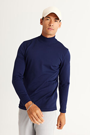 Erkek Lacivert Standart Fit Normal Kesim Yarım Balıkçı Yaka Triko Kazak