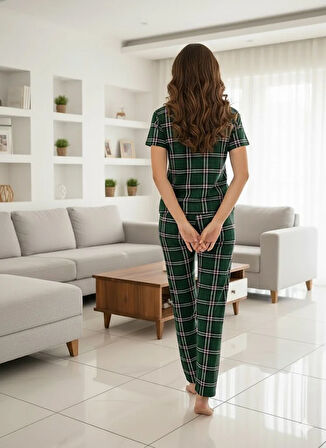 KADIN DÜĞME DETAYLI YEŞİL PİJAMA TAKIMI