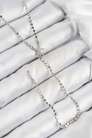 Pirinç Zirkon Taşlı Ezme Zincirli Deniz Yıldızı Model Gümüş Renk Y Kolye