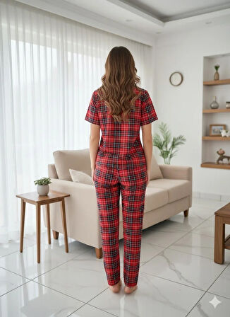 KADIN DÜĞME DETAYLI KIRMIZI PİJAMA TAKIMI