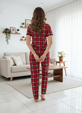 KADIN KIRMIZI EKOSELİ PİJAMA TAKIMI