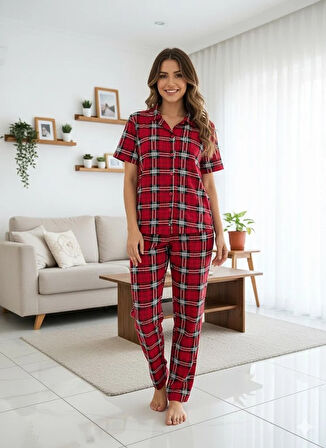 KADIN KIRMIZI EKOSELİ PİJAMA TAKIMI