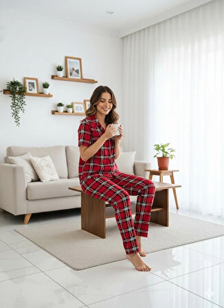 KADIN KIRMIZI EKOSELİ PİJAMA TAKIMI