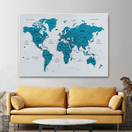 Harita Sepeti Türkçe Dünya Haritası Dekoratif Kanvas Tablo Son Derece Detaylı 1609