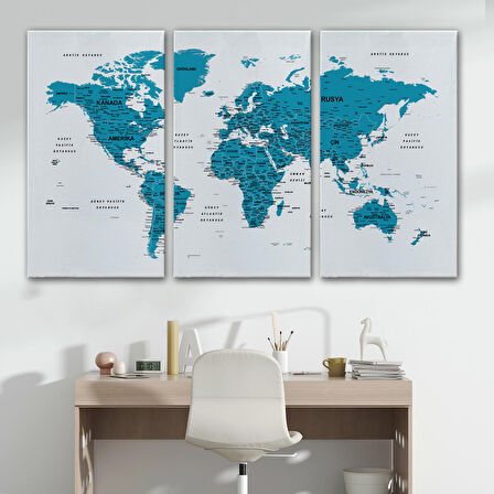 Harita Sepeti Türkçe Dünya Haritası Dekoratif Kanvas Tablo Son Derece Detaylı 1609