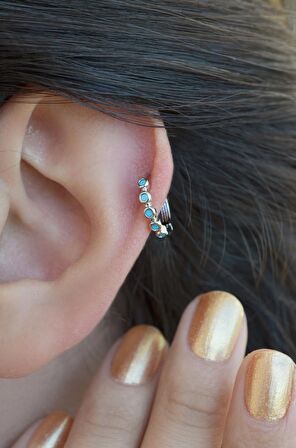 Firuze Halka Piercing Helix Kıkırdak Küpesi Gümüş Renk