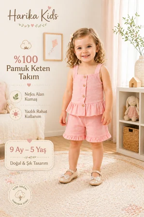 Kız Bebek Keten Kumaş Alt-Üst Takım- %100 Pamuklu 