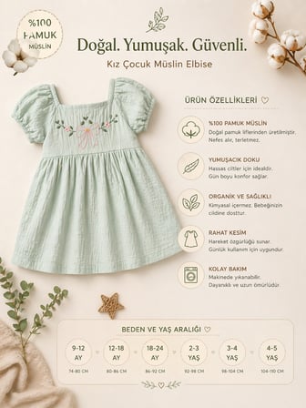 Kız Bebek Muslin Kumaş Elbise %100 Pamuklu