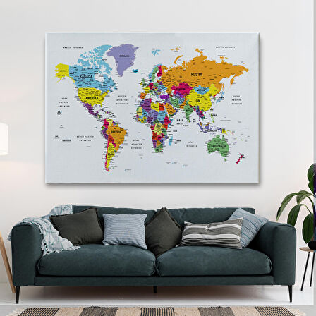 Harita Sepeti Türkçe Dünya Haritası Dekoratif Kanvas Tablo Son Derece Detaylı 1611