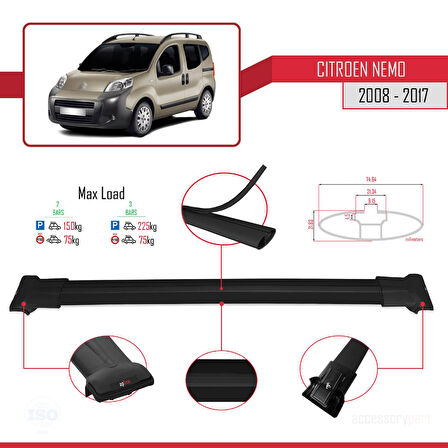 Citroen Nemo 3 (225) 2008-2017 Arası ile Uyumlu FLY Model Ara Atkı Tavan Barı Siyah 2 Adet