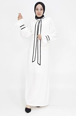 Krep Kumaş Kravat Yaka Detaylı Tesettür Elbise