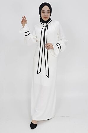 Krep Kumaş Kravat Yaka Detaylı Tesettür Elbise