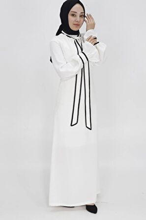 Krep Kumaş Kravat Yaka Detaylı Tesettür Elbise
