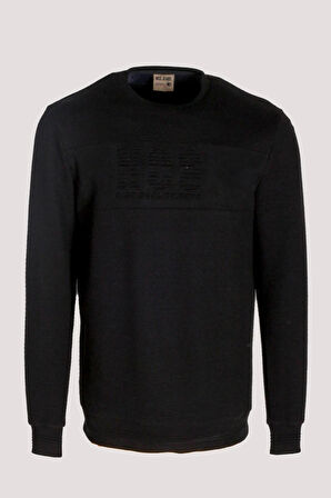 Erkek Sweatshirt Siyah Kabartma Baskılı Bisiklet Yaka Logo Detay Cotonel Kumaş Sweat NCS JEANS 1614