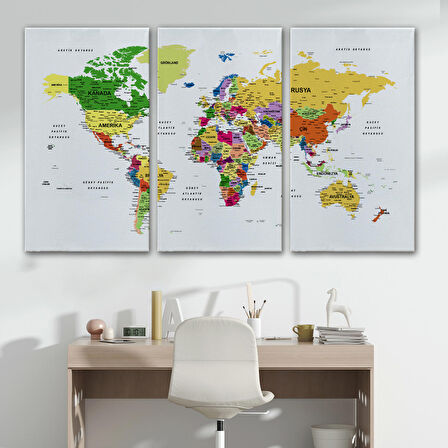 Harita Sepeti Türkçe Dünya Haritası Dekoratif Kanvas Tablo Son Derece Detaylı 1614