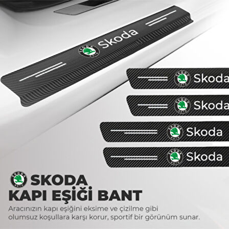 Skoda Logolu Karbon Kapı Eşiği Koruyucu Bant Folyo 4'lü Set