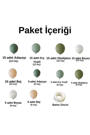 Zincir Balon Seti Adaçayı-Kış Yeşili-Okaliptus-Bej-Beyaz 5 Renk 100 Adet +Balon Şeridi 