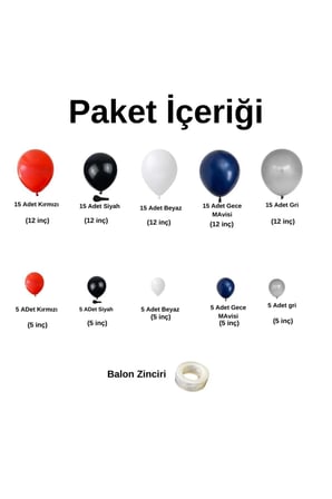 Zincir Balon Seti Kırmızı-Siyah-Beyaz-Gece Mavisi-Gri Pastel 5 Renk 100 Adet +Balon Şeridi 