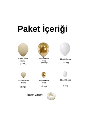 Zincir Balon Seti Krom Gold-Deniz Kumu-Beyaz 3 Renk 100 Adet +Balon Şeridi 