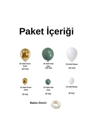 Zincir Balon Seti Krom Gold-Ada Çayı-Pastel Beyaz 3 Renk 100 Adet +Balon Şeridi 