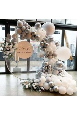Zincir Balon Seti Krom Gümüş-Taş Rengi-Pastel Beyaz 3 Renk 100 Adet +Balon Şeridi 