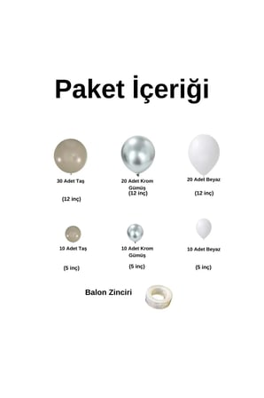 Zincir Balon Seti Krom Gümüş-Taş Rengi-Pastel Beyaz 3 Renk 100 Adet +Balon Şeridi 