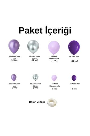 Zincir Balon Seti Krom Mor-Krom Gümüş-Makaron Lila-Mor 4 Renk 100 Adet +Balon Şeridi 