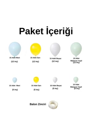 Zincir Balon Seti Mavi-Sarı-Beyaz-Makaron Yeşil 4 Renk 100 Adet +Balon Şeridi 