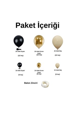 Zincir Balon Seti Siyah-Bej-Krom Gold 3 Renk 100 Adet + Balon Şeridi 
