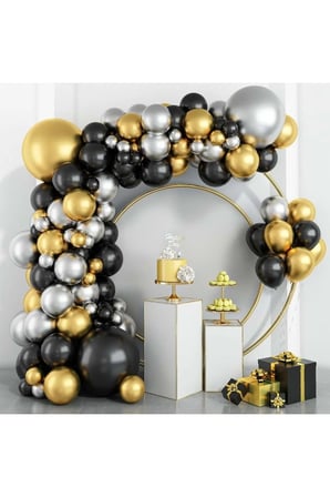 Zincir Balon Seti Siyah-Krom Gold-Krom Gümüş 3 Renk 100 Adet +Balon Şeridi 