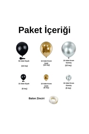 Zincir Balon Seti Siyah-Krom Gold-Krom Gümüş 3 Renk 100 Adet +Balon Şeridi 