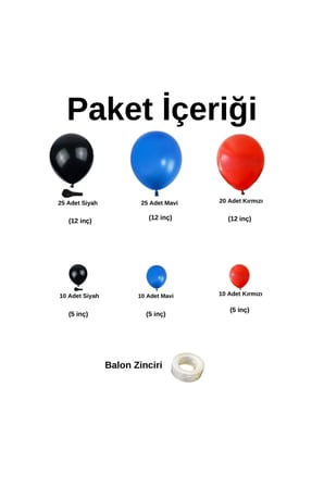 Zincir Balon Seti Siyah-Mavi-Kırmızı 3 Renk 100 Adet + Balon Şeridi 