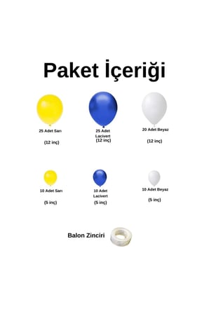 Zincir Balon Seti Sarı-Lacivert-Beyaz 3 Renk 100 Adet +Balon Şeridi 