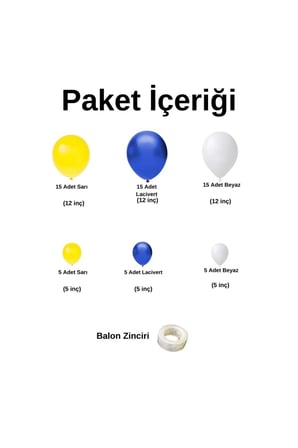 Zincir Balon Seti Sarı-Lacivert-Beyaz 3 Renk 60 Adet +1 Adet Balon Şeridi 