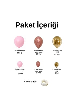 Zincir Balon Seti Pembe-Krom Rose Gold-Krom Gold 3 Renk 60 Adet +Balon Şeridi 