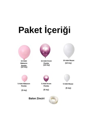 Zincir Balon Seti Makaron Pembe-Krom Pembe-Pastel Beyaz 60 Adet +Balon Şeridi 
