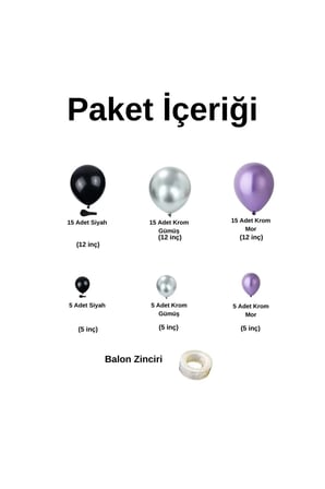 Zincir Balon Seti Krom Gümüş-Krom Mor-Siyah 3 Renk 60 Adet +Balon Şeridi 