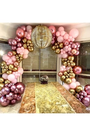 Zincir Balon Seti Krom Gold-Krom Pembe-Pastel Pembe 3 Renk 60 Adet +Balon Şeridi 