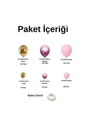 Zincir Balon Seti Krom Gold-Krom Pembe-Pastel Pembe 3 Renk 60 Adet +Balon Şeridi 