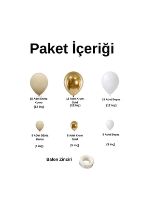 Zincir Balon Seti Krom Gold-Deniz Kumu-Beyaz 3 Renk 60 Adet +Balon Şeridi 