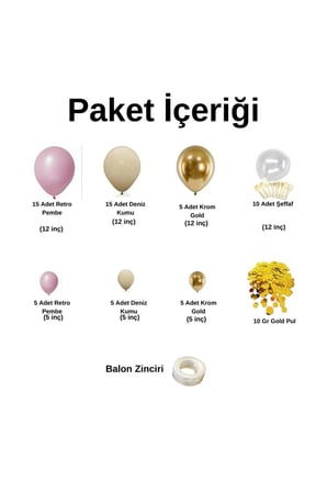 Zincir Balon Seti Retro Pembe-Deniz Kumu-Krom Gold-Şeffaf 60Adet +BalonŞeridi + 10GrGoldPul