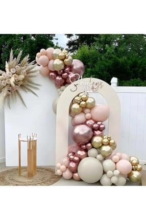 Zincir Balon Seti Retro Pembe-Bej-Krom Rose Gold-Krom Gold 60 Adet +Balon Şeridi 