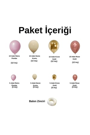Zincir Balon Seti Retro Pembe-Bej-Krom Rose Gold-Krom Gold 60 Adet +Balon Şeridi 
