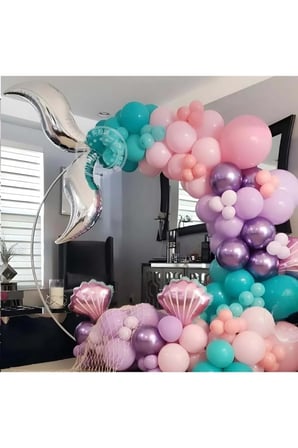 Zincir Balon Seti Pembe-Lila-Turkuaz-Krom Mor 4 Renk 60 Adet +1 Adet Balon Şeridi 