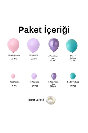 Zincir Balon Seti Pembe-Lila-Turkuaz-Krom Mor 4 Renk 60 Adet +1 Adet Balon Şeridi 