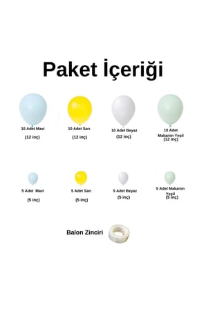 Zincir Balon Seti Mavi-Sarı-Beyaz-Makaron Yeşil 4 Renk 60 Adet +1 Adet Balon Şeridi 