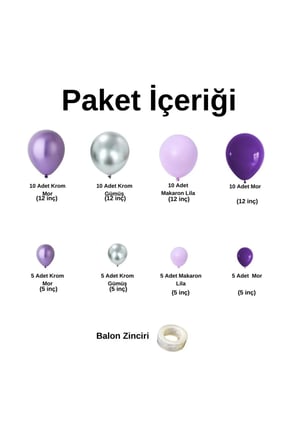 Zincir Balon Seti Krom Mor-Krom Gümüş-Makaron Lila-Mor 4 Renk 60 Adet +Balon Şeridi 