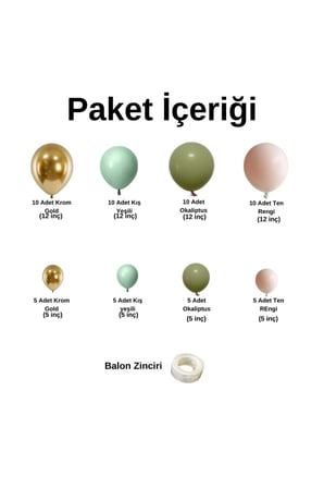 Zincir Balon Seti Krom Gold-Kış Yeşili-Okaliptus-Ten Rengi 4 Renk 60 Adet +Balon Şeridi 